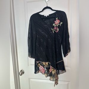 Vintage Spencer Alexis Y2K Boho Embroidered Asymmetrical Sheer V- Neck Tunic, S